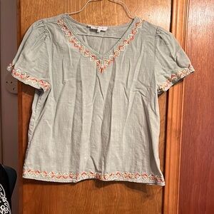 Light Sage machine Embroidered V-Neck Women's Top